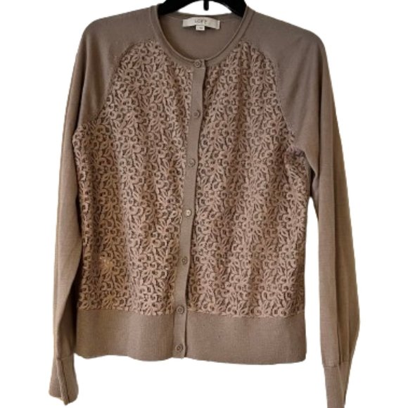 LOFT Light Mauve 30% Wool Crochet Front Cardigan - Large - Picture 1 of 4